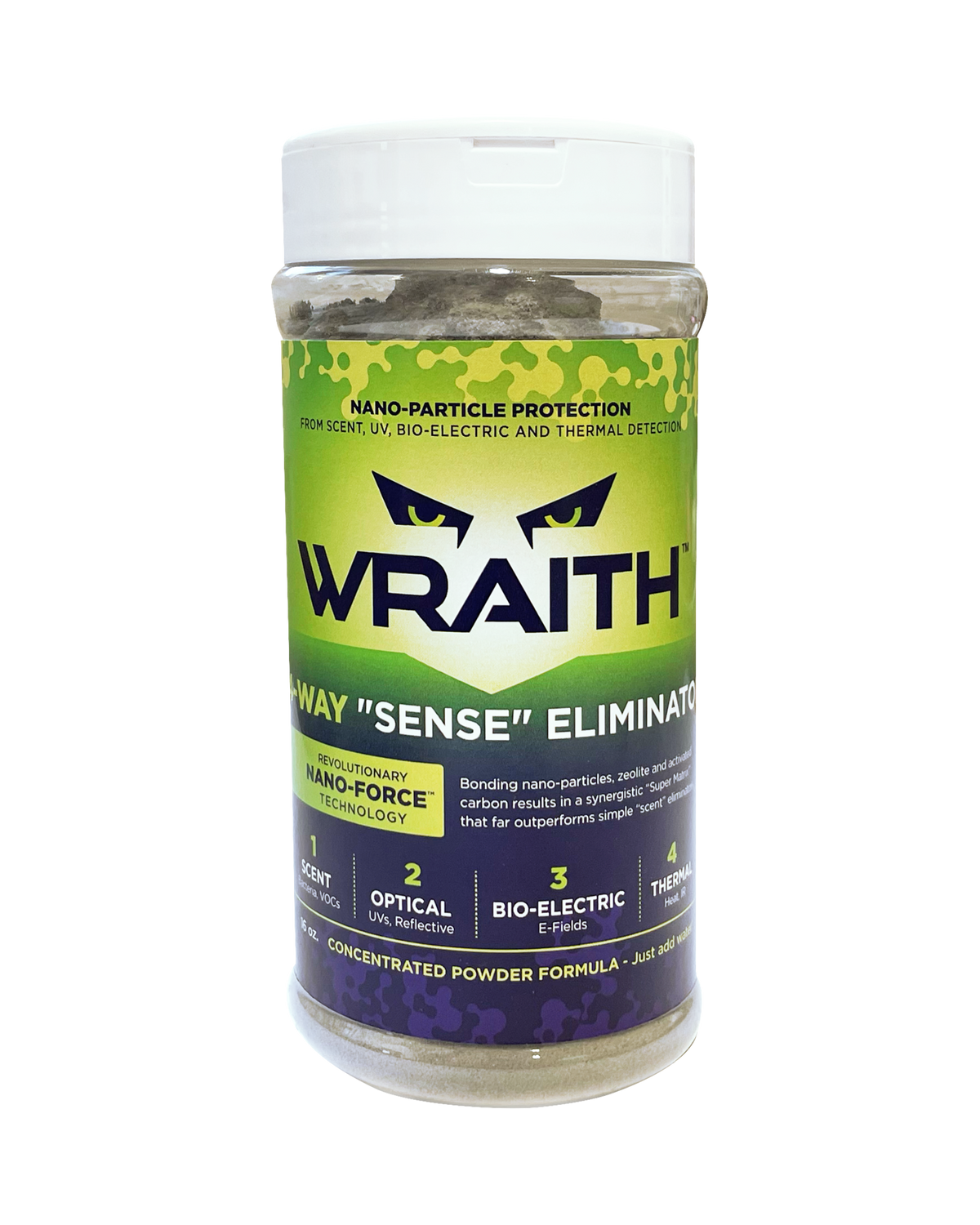 WRAITH 16 oz Shaker, a clear cylindrical bottle of grey-green powder with a white shaker lid and green and deep-purple WRAITH label