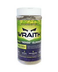 WRAITH 16 oz Shaker, a clear cylindrical bottle of grey-green powder with a white shaker lid and green and deep-purple WRAITH label