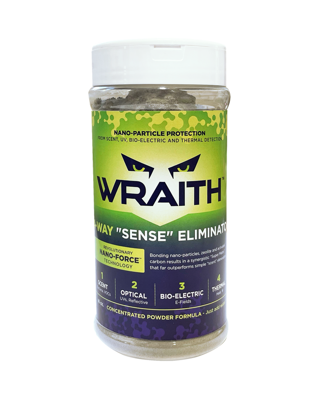 WRAITH 16 oz Shaker, a clear cylindrical bottle of grey-green powder with a white shaker lid and green and deep-purple WRAITH label