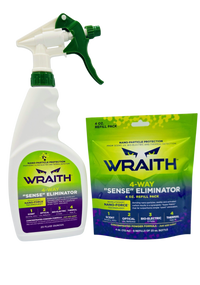 The WRAITH 23 oz spray bottle beside the 4 oz refill pack