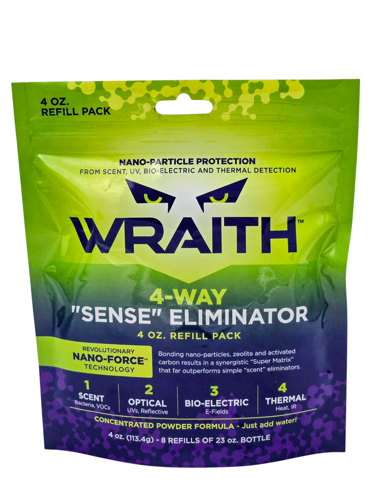 The WRAITH 4 oz refill pack, photographed front-on
