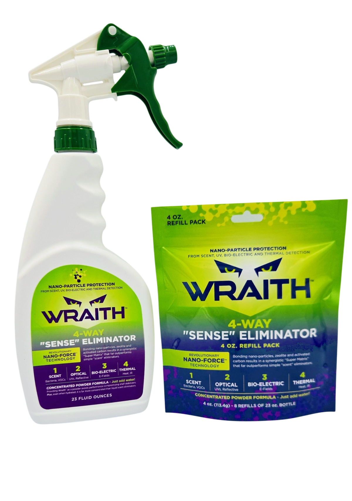 The WRAITH 4 oz refill pack beside the 23 oz spray bottle it refills