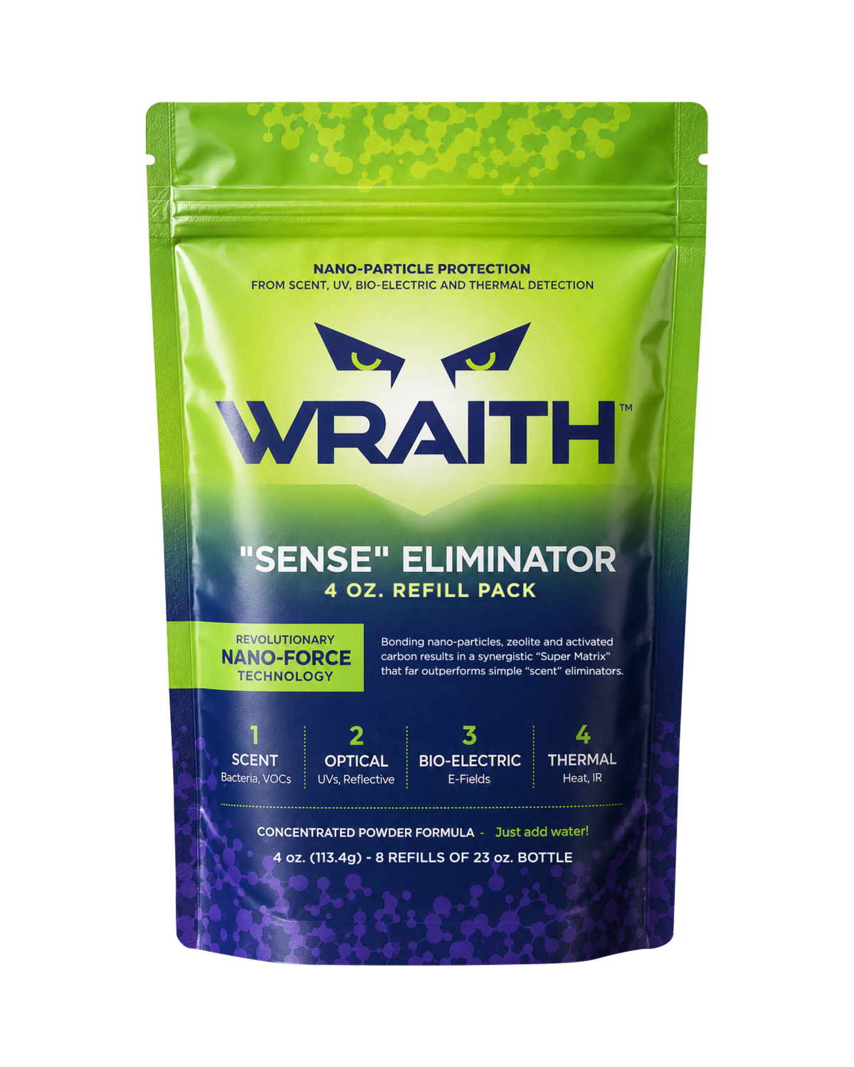 WRAITH 4 oz Refill Pack, a green and deep-purple stand-up pouch printed with the WRAITH eyes logo and the four detection types