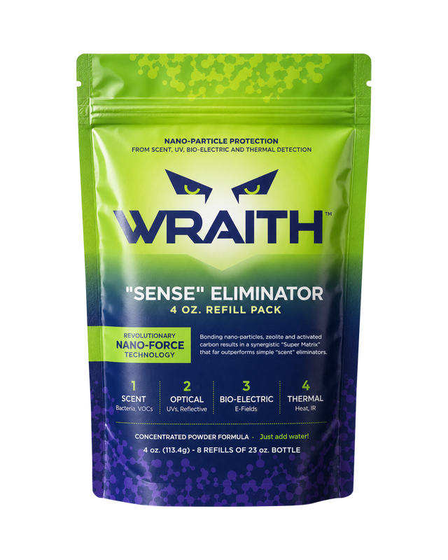 WRAITH 4 oz Refill Pack, a green and deep-purple stand-up pouch printed with the WRAITH eyes logo and the four detection types
