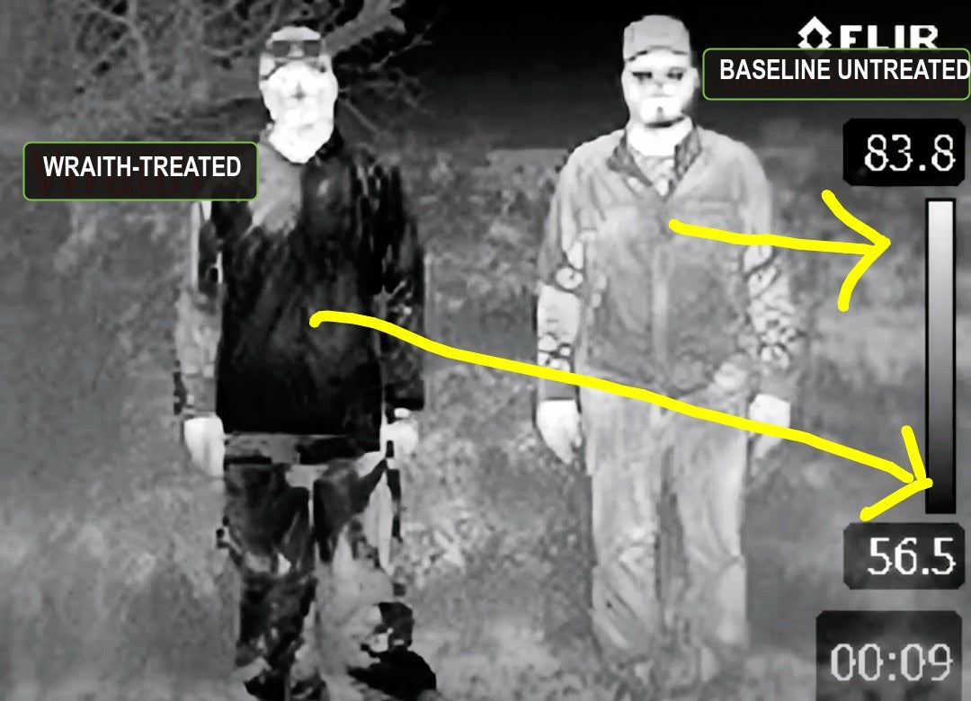 FLIR thermal capture: a WRAITH-treated hunter reads darker and cooler beside an untreated hunter, 83.8 to 56.5 degree scale