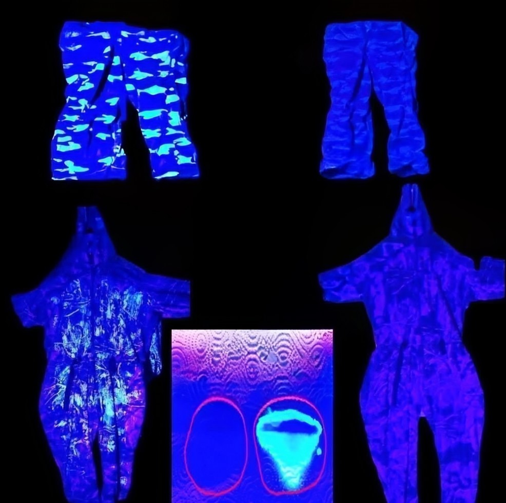 Under black light — untreated glows, WRAITH-treated goes dark — camouflage garments photographed under black light, untreated pieces glowing bright while WRAITH-treated pieces stay dark